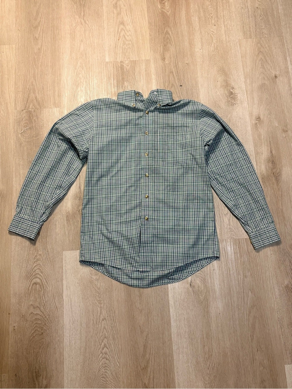 L.L.Bean Green & White Plaid Button Down Size Small VTG Traditional Fit Cotton